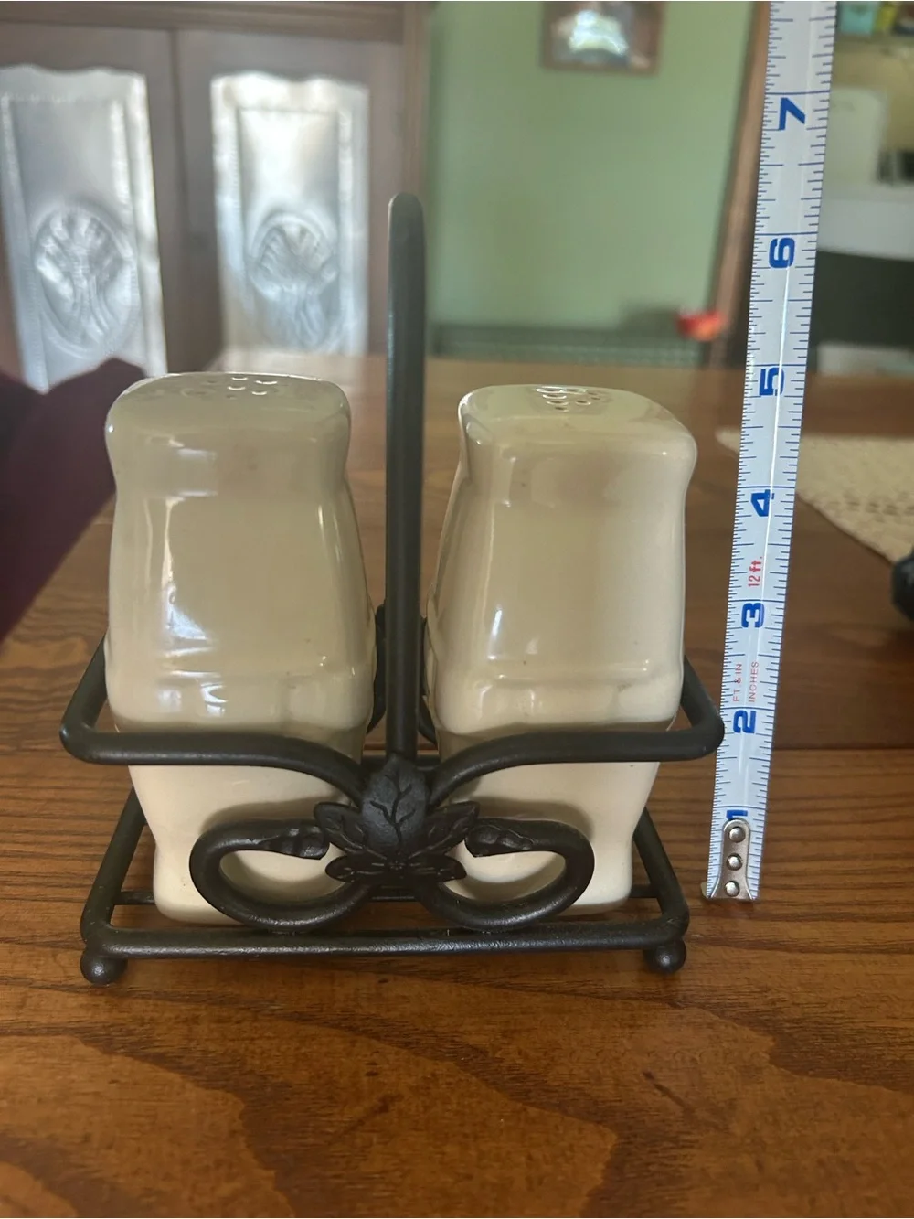 Longaberger Ceramic Salt and Pepper Shakers with Black Metal Holder - Picture 2 of 3